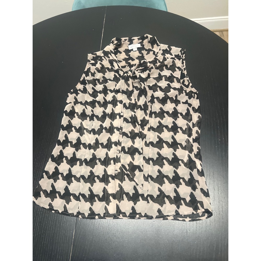 Tahari Arthur S. Levine Womens Sheer Sleeveless Tie Neck Blouse Houndstooth M